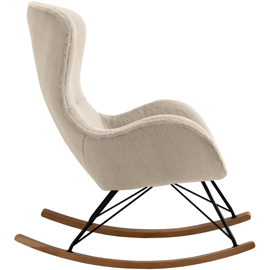Schaukelstuhl Swing Beige, Schwarz, Natur Lammfell Optik, Metall, Eichenholz B 70 T 94 H 102 cm