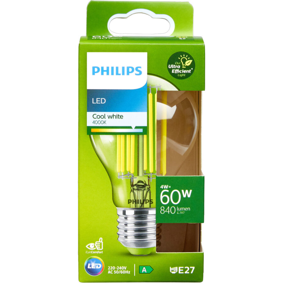 Philips Philips Classic ultraeffiziente LED-Lampe mit Energieeffizienzklasse A, ersetzt 60W, E27 Sockel, klar, neutralweiß (4000K)