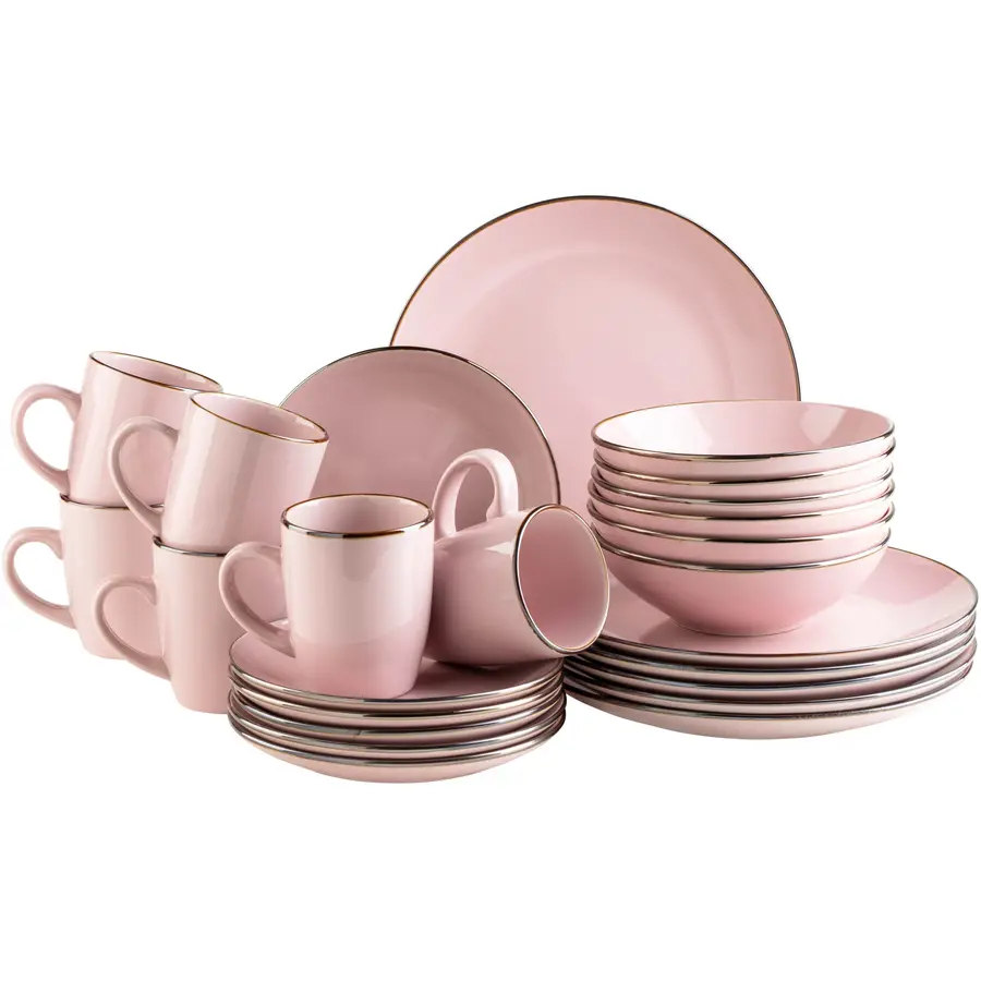 Geschirr-Set Metallic Rim rosa Steinzeug 24 Stk