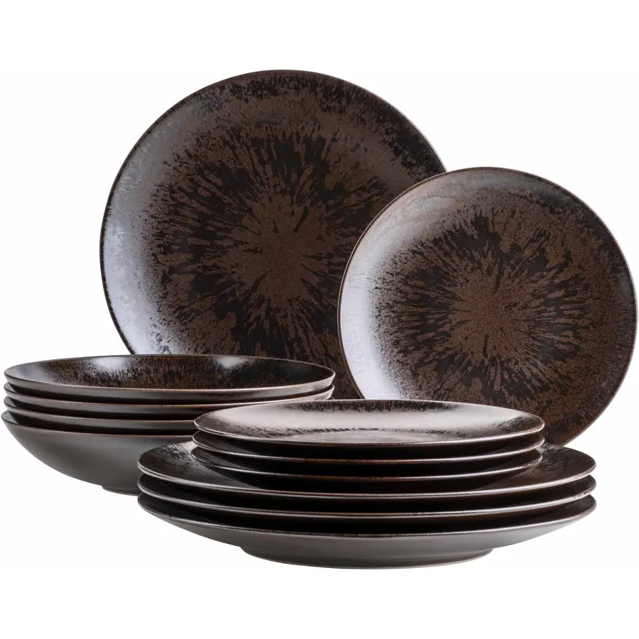 Geschirr-Set Metallic Bronze braun/schwarz Steinzeug 12 Stk
