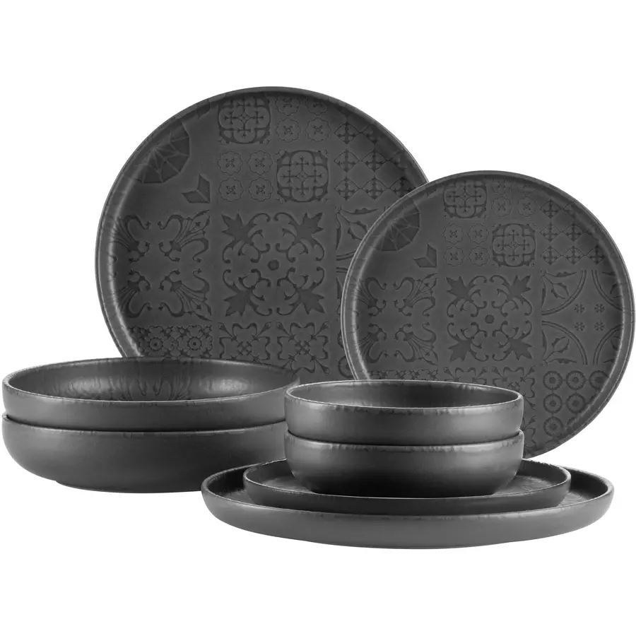 Geschirr-Set Trad. Tiles Schwarz Steinzeug 8 Stk