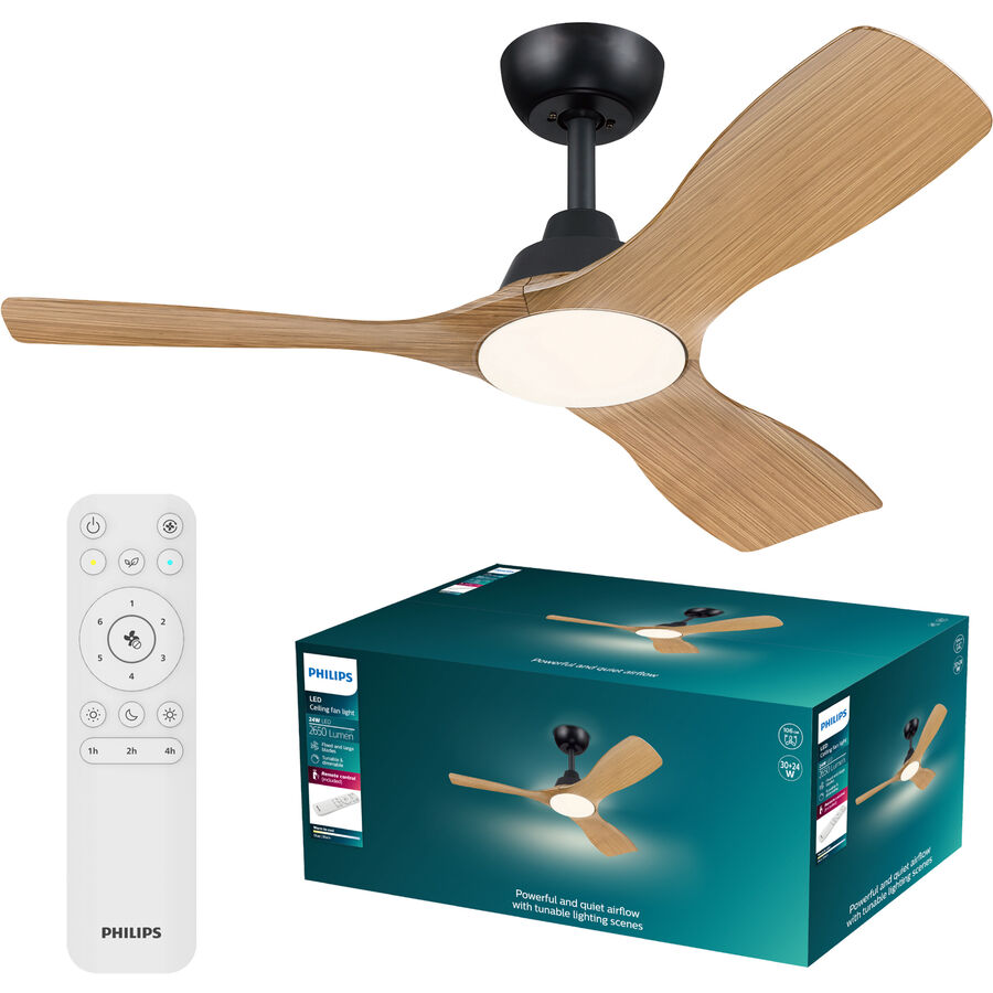 Deckenventilator mit Licht Olas Philips Holz/Metall schwarz 30W Ventilator + 24W Deckenlampe